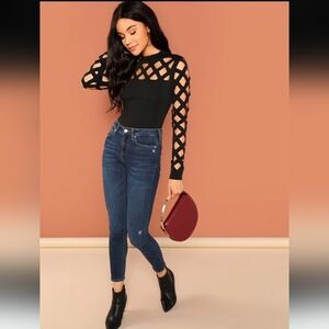 SHEIN Black Geometric Cutout Bodysuit